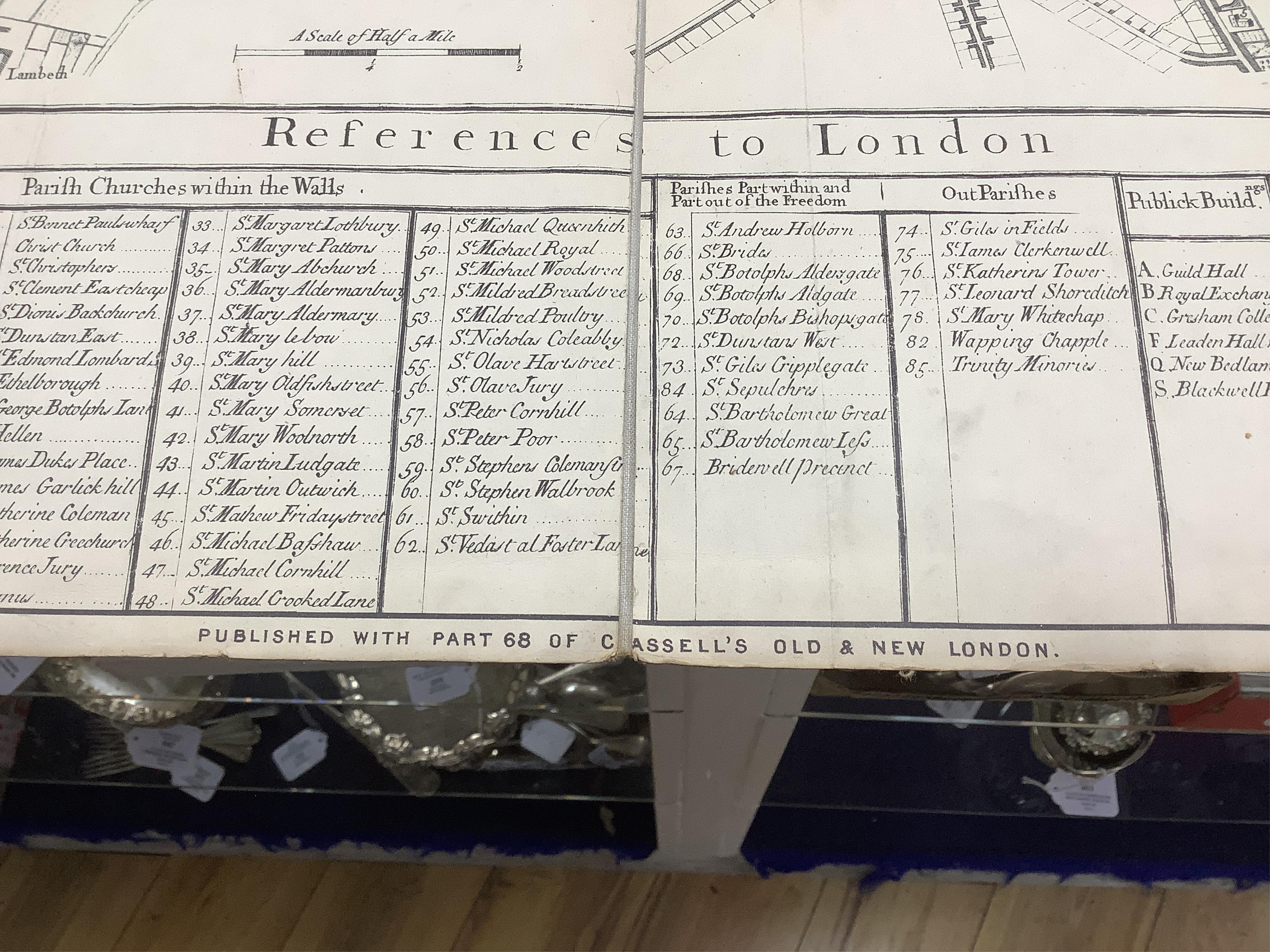 Three maps comprising: After John Senex, A New Map of London, 1720, published by Cassell, Petter & Galpin, linen backed folding map, with slipcase, London in the Reign of Queen Elizabeth, published by Cassell, linen back